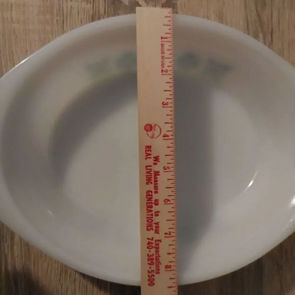 Vintage USA Glassbake J-239 Oval Milk White Divided Green Snowflake Casserole VG